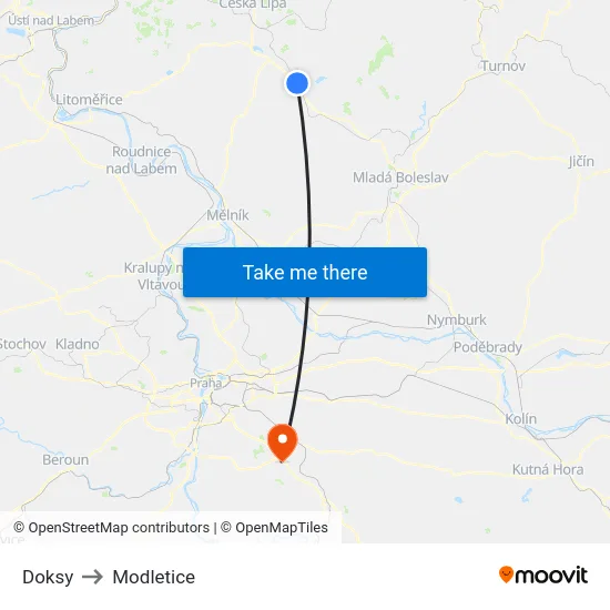 Doksy to Modletice map