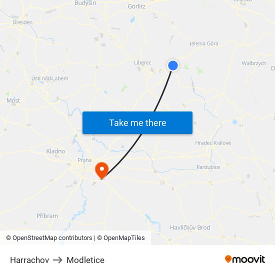 Harrachov to Modletice map