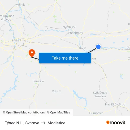 Týnec N.L., Svárava to Modletice map