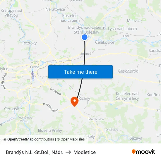 Brandýs N.L.-St.Bol., Nádr. to Modletice map