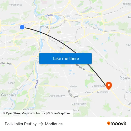 Poliklinika Petřiny to Modletice map