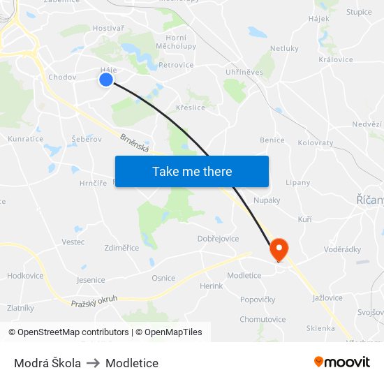 Modrá Škola to Modletice map