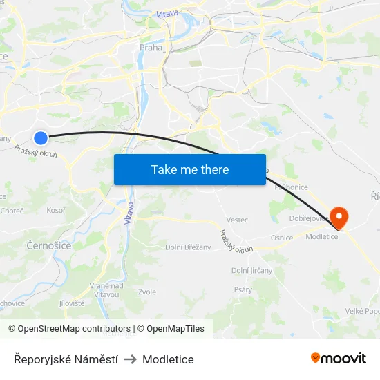 Řeporyjské Náměstí to Modletice map