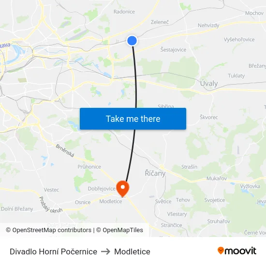 Divadlo Horní Počernice to Modletice map