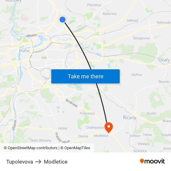 Tupolevova to Modletice map