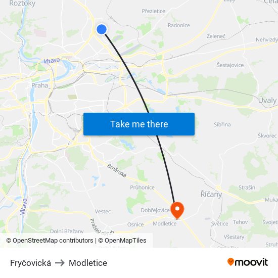 Fryčovická to Modletice map