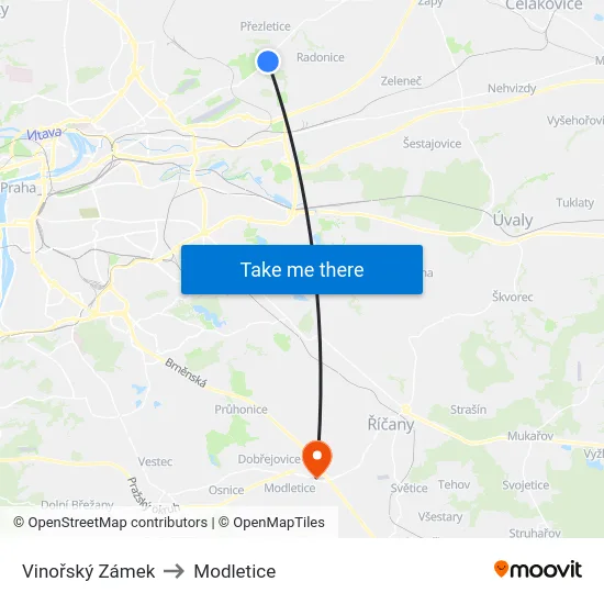 Vinořský Zámek to Modletice map
