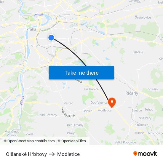 Olšanské Hřbitovy to Modletice map