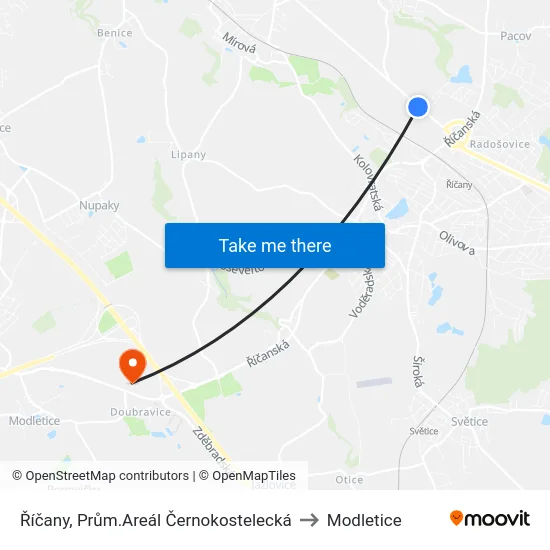 Říčany, Prům.Areál Černokostelecká to Modletice map