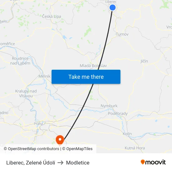 Liberec, Zelené Údolí to Modletice map