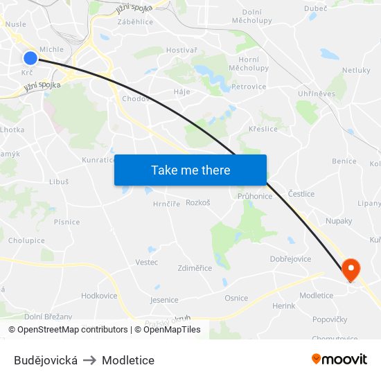 Budějovická to Modletice map