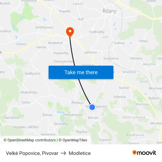 Velké Popovice, Pivovar to Modletice map