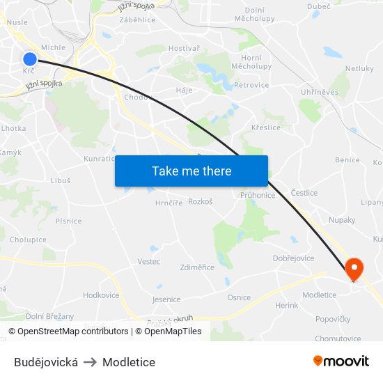 Budějovická to Modletice map