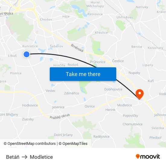 Betáň to Modletice map