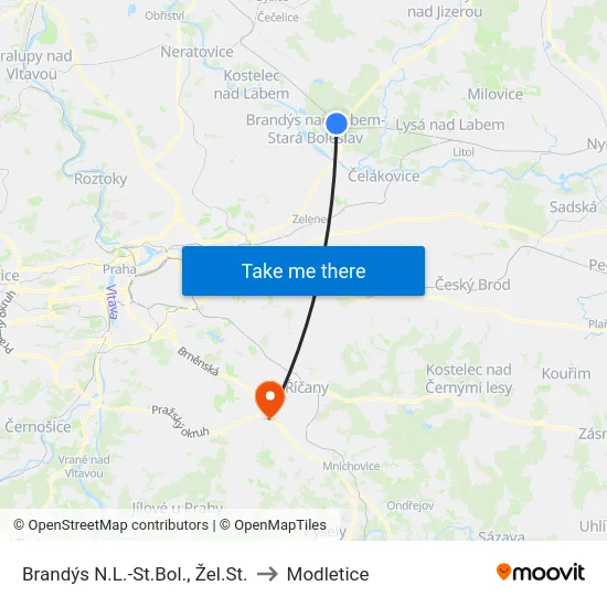 Brandýs N.L.-St.Bol., Žel.St. to Modletice map