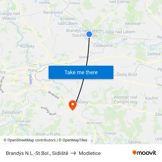 Brandýs N.L.-St.Bol., Sídliště to Modletice map