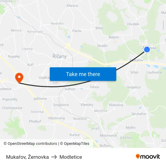 Mukařov, Žernovka to Modletice map