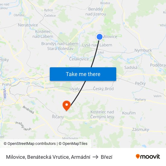 Milovice, Benátecká Vrutice, Armádní (B) to Březí map