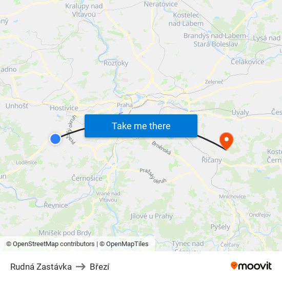 Rudná Zastávka to Březí map