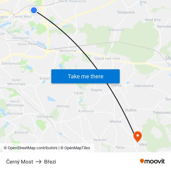 Černý Most to Březí map