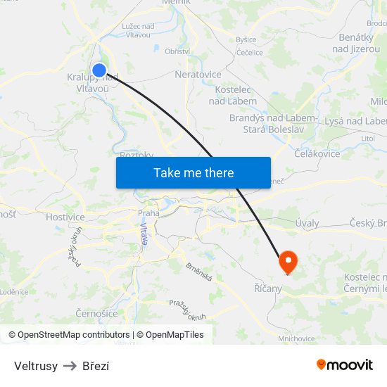 Veltrusy to Březí map