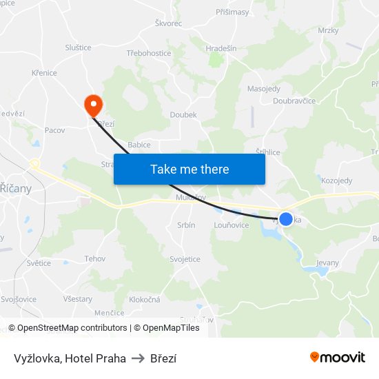 Vyžlovka, Hotel Praha to Březí map