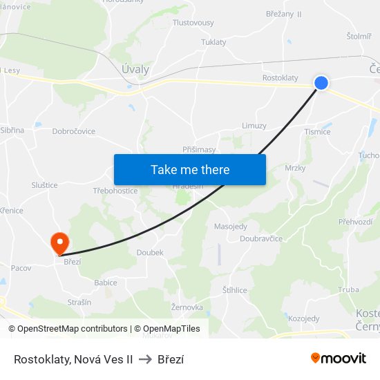 Rostoklaty, Nová Ves II to Březí map