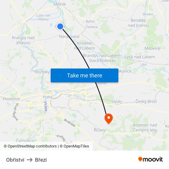 Obříství to Březí map