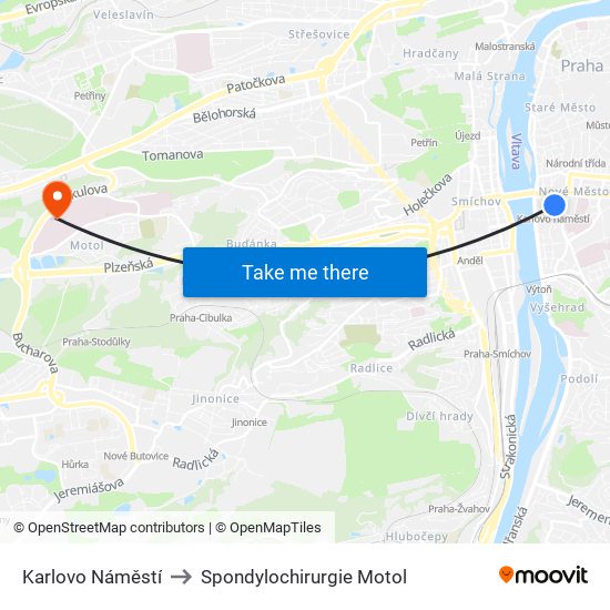 Karlovo Náměstí to Spondylochirurgie Motol map