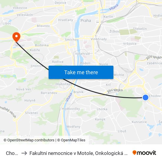 Chodov to Fakultní nemocnice v Motole, Onkologická klinika 2. LF UK map