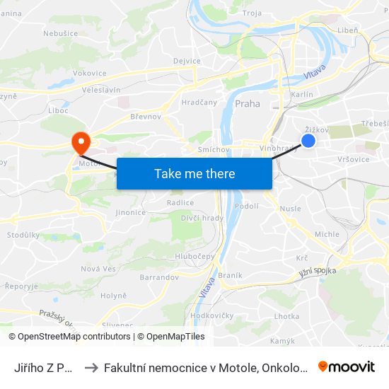 Jiřího Z Poděbrad to Fakultní nemocnice v Motole, Onkologická klinika 2. LF UK map