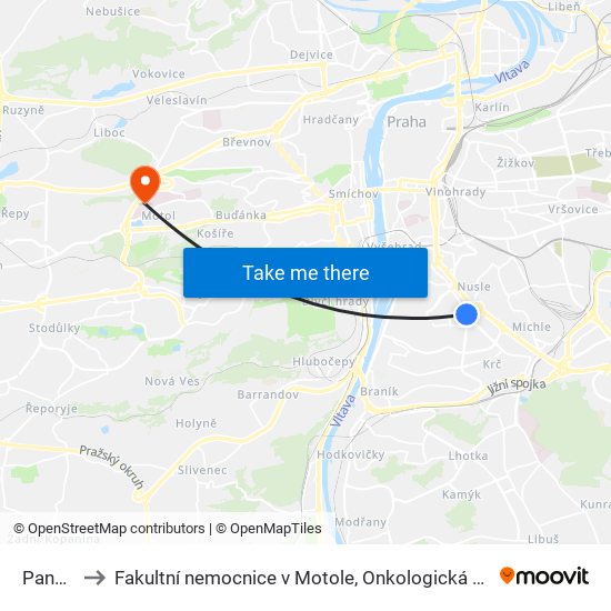 Pankrác to Fakultní nemocnice v Motole, Onkologická klinika 2. LF UK map