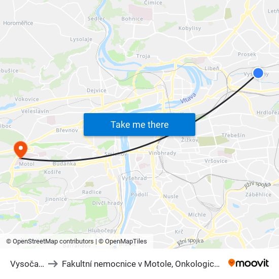 Vysočanská to Fakultní nemocnice v Motole, Onkologická klinika 2. LF UK map