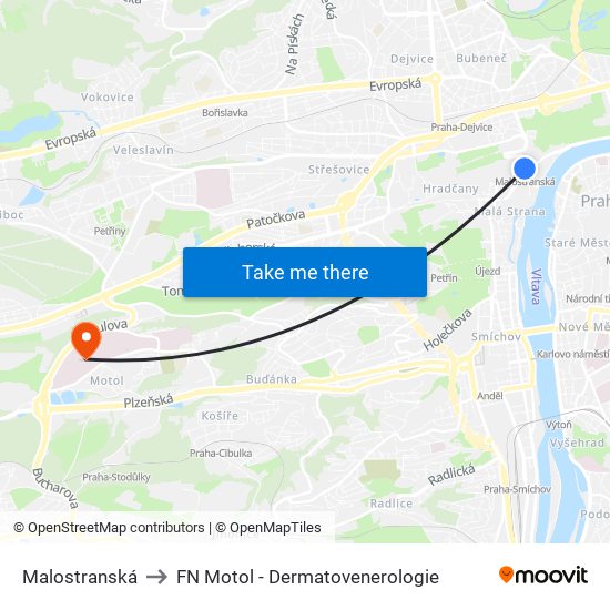 Malostranská to FN Motol - Dermatovenerologie map