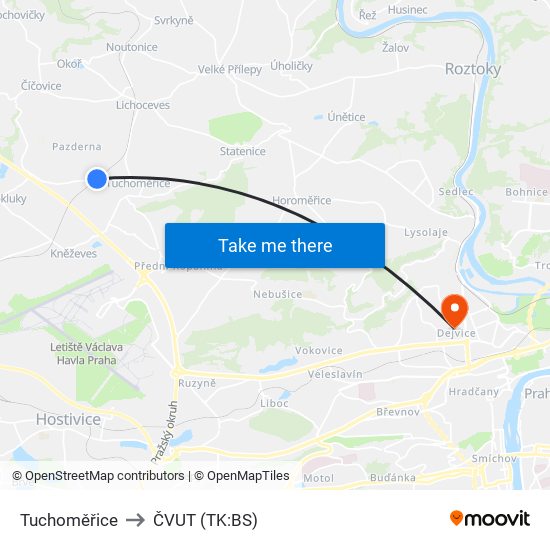 Tuchoměřice to ČVUT (TK:BS) map