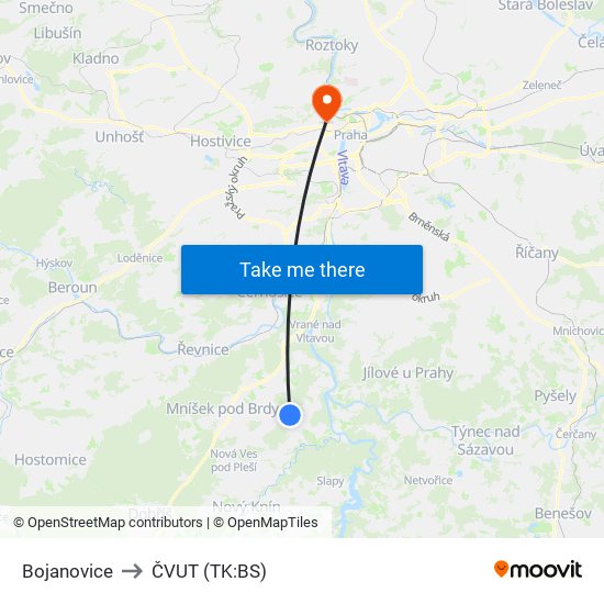 Bojanovice to ČVUT (TK:BS) map