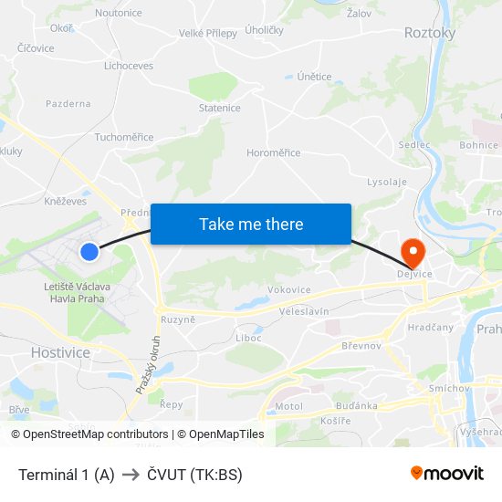 Terminál 1 (A) to ČVUT (TK:BS) map