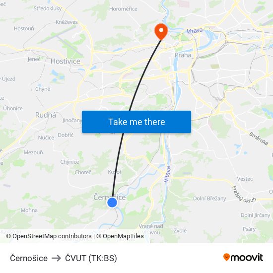 Černošice to ČVUT (TK:BS) map