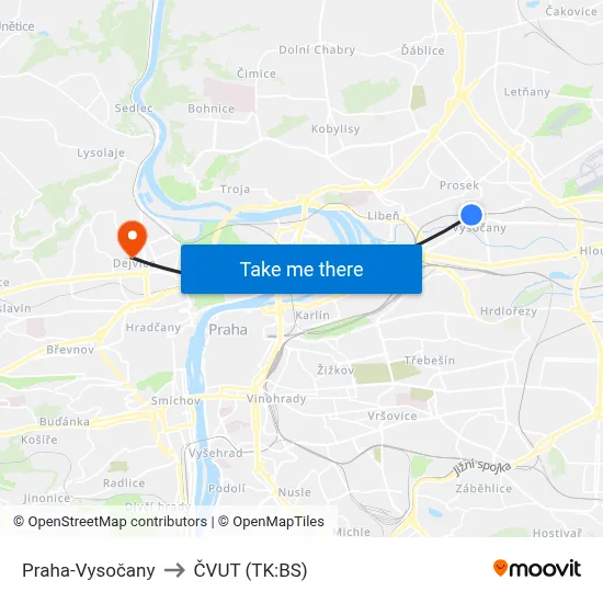 Praha-Vysočany to ČVUT (TK:BS) map