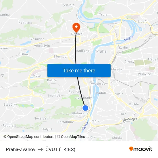 Praha-Žvahov to ČVUT (TK:BS) map