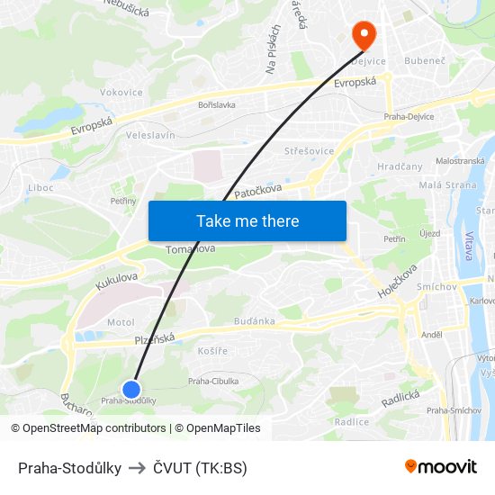 Praha-Stodůlky to ČVUT (TK:BS) map