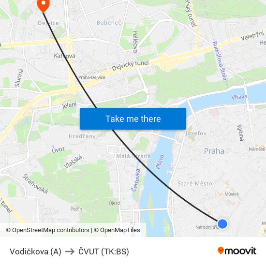 Vodičkova (A) to ČVUT (TK:BS) map