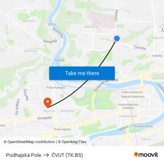 Podhajská Pole (B) to ČVUT (TK:BS) map