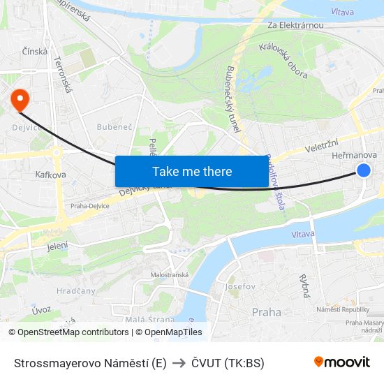 Strossmayerovo Náměstí (E) to ČVUT (TK:BS) map
