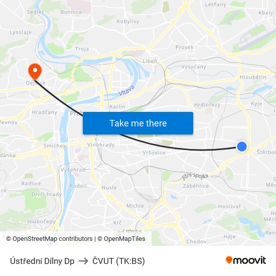 Ústřední Dílny Dp to ČVUT (TK:BS) map