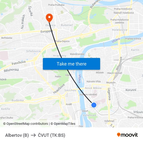 Albertov (B) to ČVUT (TK:BS) map