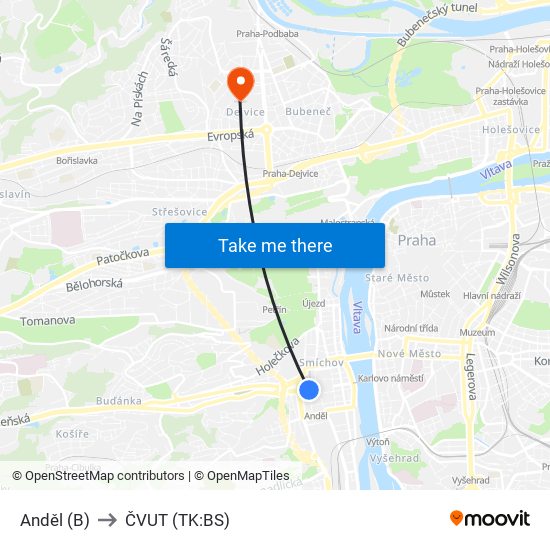 Anděl (B) to ČVUT (TK:BS) map