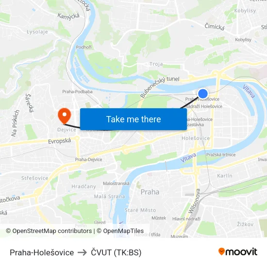 Praha-Holešovice to ČVUT (TK:BS) map