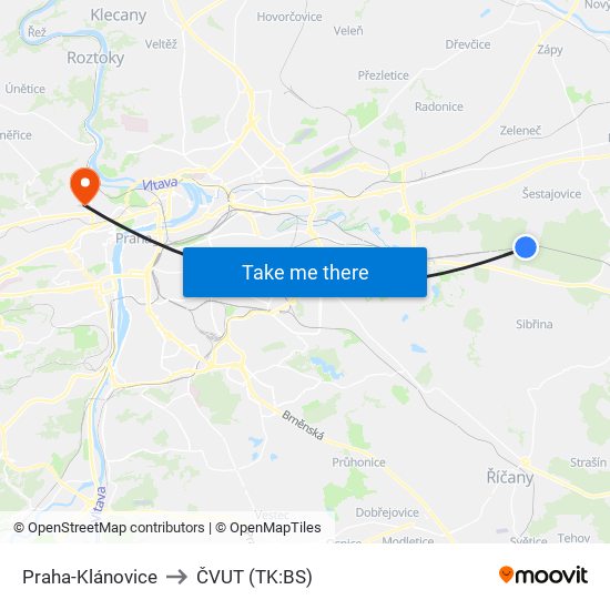 Praha-Klánovice to ČVUT (TK:BS) map