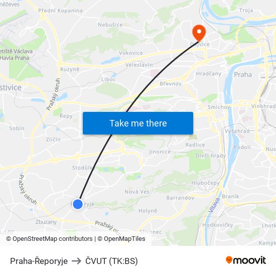 Praha-Řeporyje to ČVUT (TK:BS) map